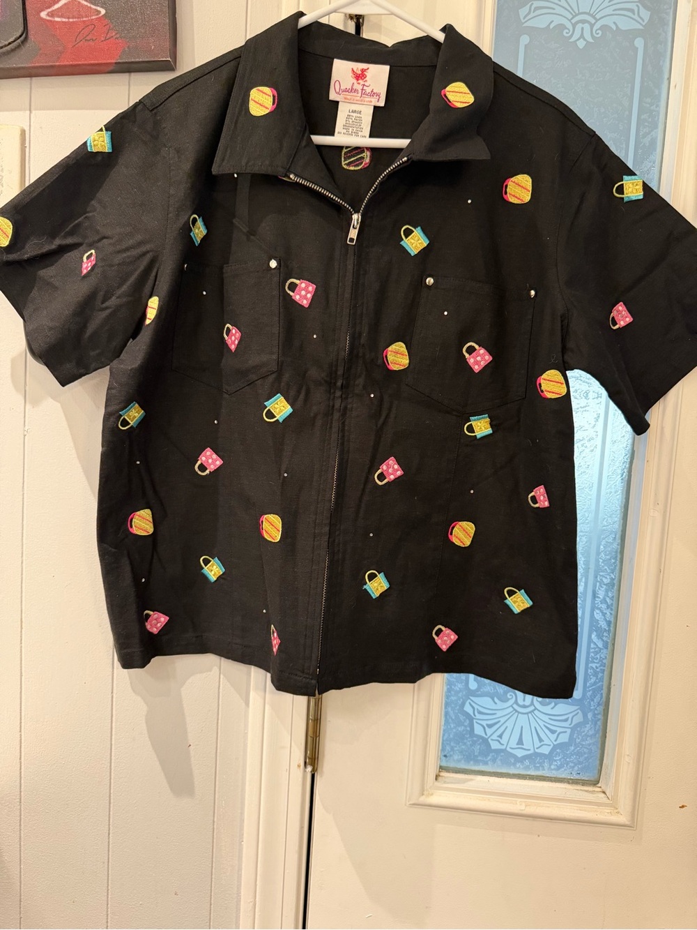 Quacker Factory Black Short-Sleeve Zip Jacket with Colorful Cup & Heart Motifs